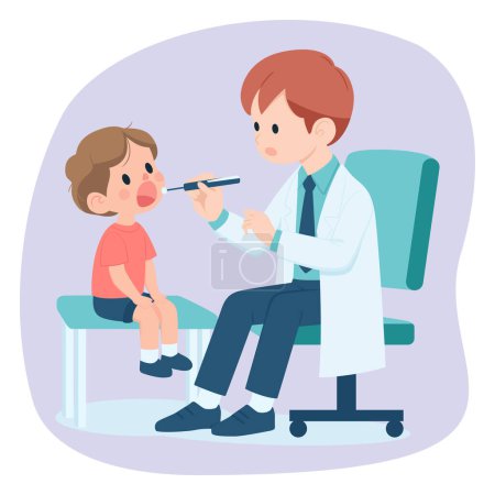 Illustration for Dentist and Child Patient, Male Dental Doctor Examining Little Boy's Teeth with Dental Mirror, Cartoon Vector Flat Illustration - Royalty Free Image