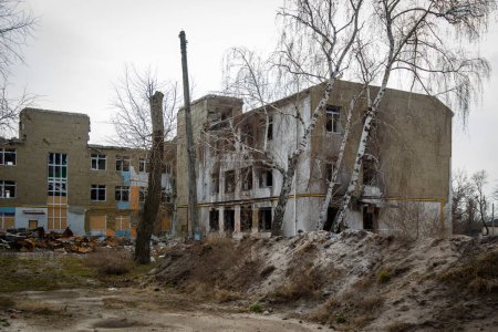 Photo for Izium, Kharkiv region, Ukraine - 03.24.2023: Izyum Lyceum No. 2. Place of deployment, headquarters of the Russian military. Russia Ukraine war - Royalty Free Image