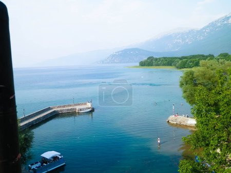 Photo for Water of Lake Ochrid as nature background. Ochrid is the oldest lake in Europe. Mediterranean nature, copy space. - Royalty Free Image