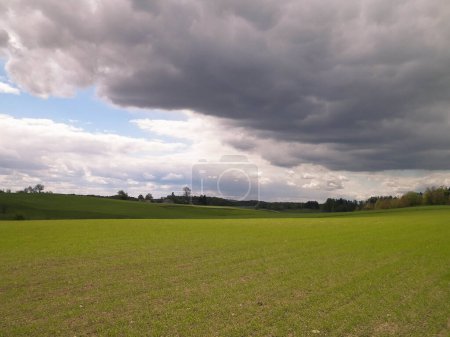 Campos verdes en la región de Kashubia - Norte de Polonia. Día nublado, viaje y concepto de naturaleza.