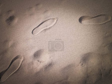 Shoe print on the sand. Copy Space, nature background.