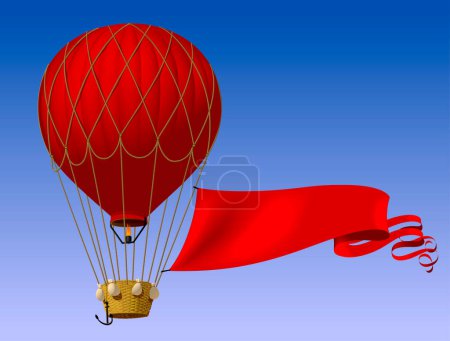 Illustration for Red air balloon with red banner and wicker basket isolated on blue sky - Royalty Free Image