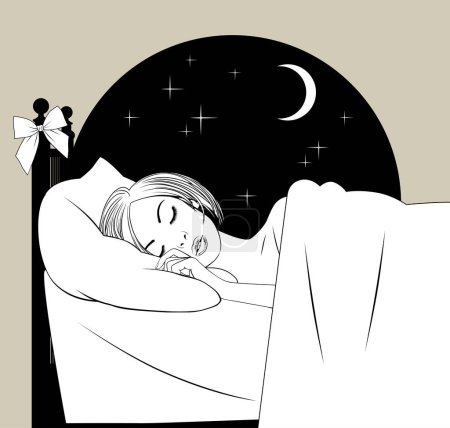 Dibujo lineal en blanco y negro de la cabeza de una chica rubia dormida en la cama