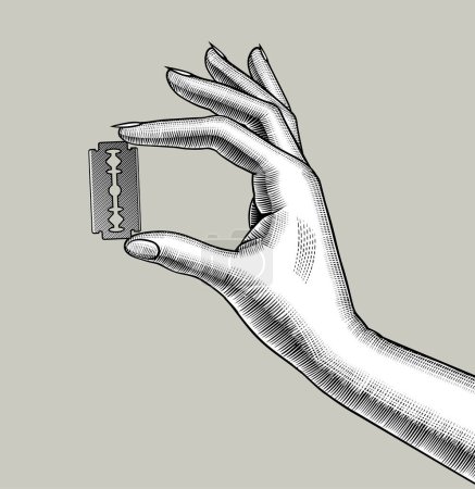 Ilustración de Mano femenina con una hoja de afeitar de seguridad en los dedos - Imagen libre de derechos