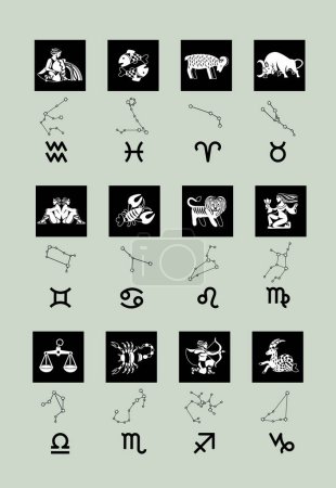 Illustration for Set of zodiac symbols, signs and constellations in black and white. - Royalty Free Image
