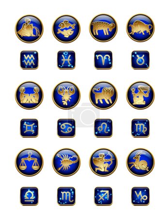 Téléchargez les illustrations : Ensemble d'icônes dorées et bleues avec symboles du zodiaque, signes et constellations isolés sur blanc - en licence libre de droit
