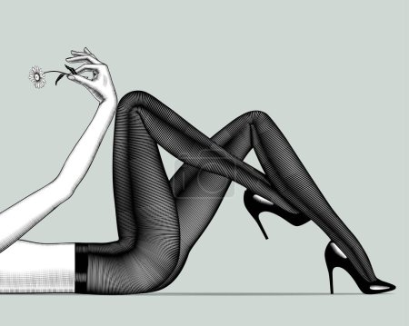 Illustration for Legs of lying woman in dark pantyhose and high-heeled glossy black shoes and hand with a flower - Royalty Free Image