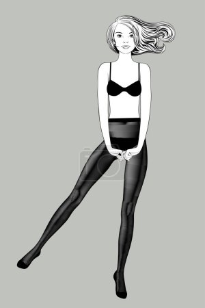 Illustration for Blobde girl with loose hair in a black bra and pantyhose - Royalty Free Image