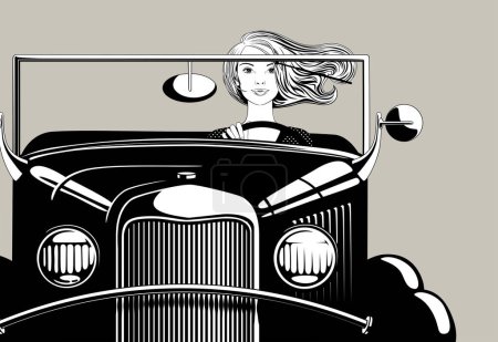 Blondes Mädchen mit wallenden Haaren am Steuer eines Retro-Autos
