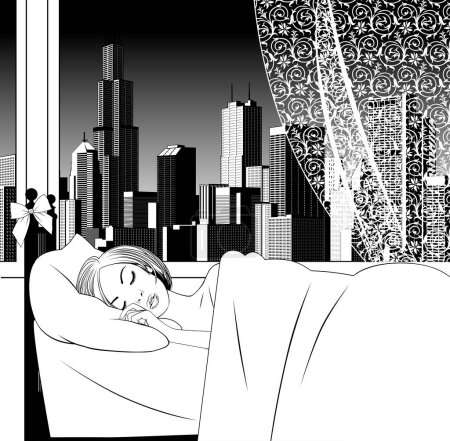 Illustration for Linear black and white drawing of a sleeping blonde girl In the bed woman near the window overlooking the modern city - Royalty Free Image
