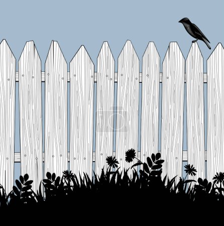 Téléchargez les illustrations : Une clôture en bois avec un oiseau assis dessus et une silhouette noire d'herbe en croissance - en licence libre de droit