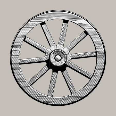 Illustration for Isolated engraved vintage drawing of wooden cart wheel - Royalty Free Image
