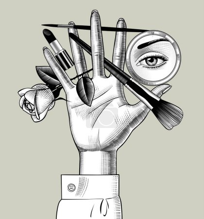 Ilustración de Palma de mano femenina con pinceles de maquillaje, espejo redondo con reflejo aye, lápiz labial y flor de rosa - Imagen libre de derechos