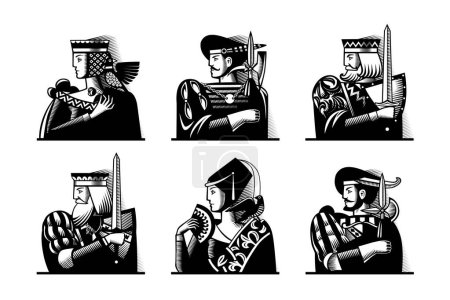 Téléchargez les illustrations : Cartes à jouer personnages en noir et blanc vintage gravure stile - en licence libre de droit