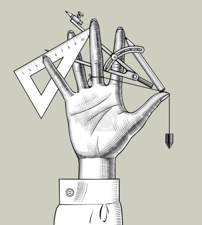 Ilustración de Mano de mujer con lápiz, divisor, regla para el trabajo de diseño entre los dedos - Imagen libre de derechos
