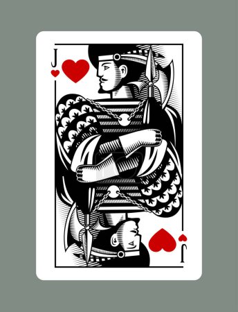 Illustration for Jack playing card of Hearts suit in vintage engraving drawing stile - Royalty Free Image