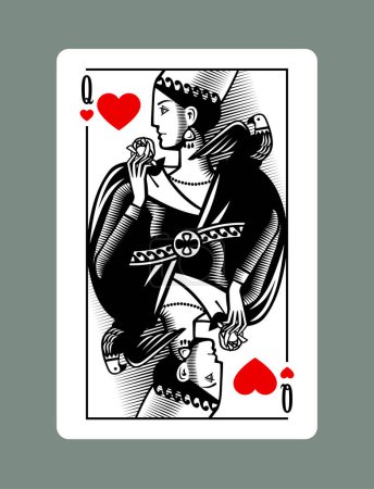 Illustration for Queen playing card of Hearts suit in vintage engraving drawing stile - Royalty Free Image