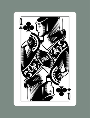 Illustration for Queen playing card of Clubs suit in vintage engraving drawing stile - Royalty Free Image