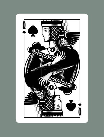 Queen playing card of Spades suit in vintage engraving drawing style
