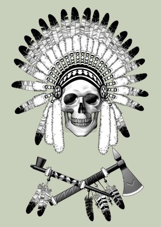 Human skull in the indian traditional headdress and crossed tomahawk and smoking pipe