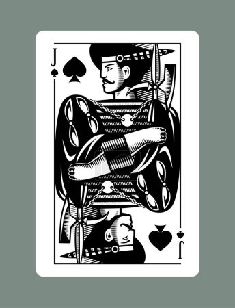 Jack playing card of Spades suit in vintage engraving drawing style