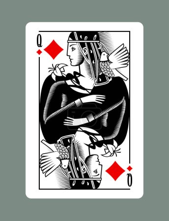 Queen playing card of Diamonds suit in vintage engraving drawing style