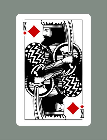Ilustración de Rey jugando a la carta de diamantes palo en estilo de dibujo grabado vintage - Imagen libre de derechos