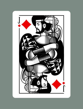 Jack playing card of Diamonds suit in vintage engraving drawing style