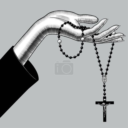 Gravierte Vintage-Zeichnung weiblicher Hand mit Gebetsperlen im Vintage-Stil