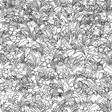 Téléchargez les illustrations : Modèle sans couture fond de prairie avec des plantes et des fleurs dans le style de dessin linéaire - en licence libre de droit