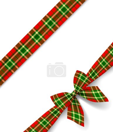 Frame of diagonal ribbon and bow in tartan style ornament isolated on white background