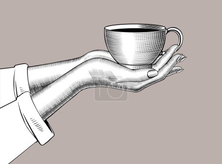 Téléchargez les illustrations : Mains féminines tenant une tasse à café dans un style de dessin de gravure vintage - en licence libre de droit