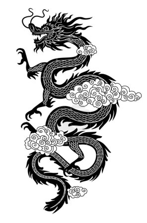 Téléchargez les illustrations : Silhouette noire d'un dragon chinois serpentin dans un style linéaire plat - en licence libre de droit