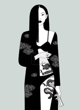 Ilustración de Una chica asiática semidesnuda en lencería negra y una bata con un tatuaje de dragón chino en su cadera y un abanico doblado en su mano en estilo de dibujo grabado vintage - Imagen libre de derechos