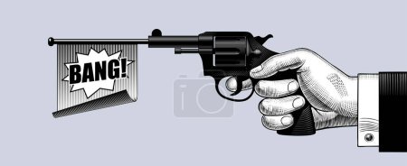 Téléchargez les illustrations : Main tenant un pistolet avec drapeau bang dans le style de dessin gravure vintage - en licence libre de droit