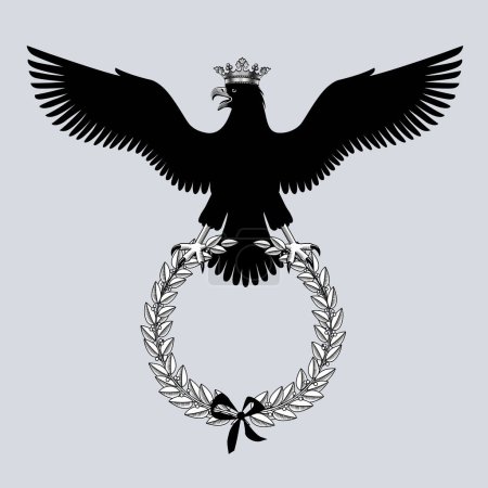 Silueta negra de un águila en corona con alas extendidas sosteniendo una rama de laurel en estilo de dibujo grabado vintage