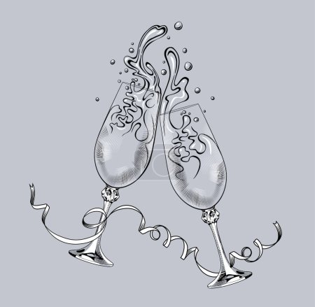 Téléchargez les illustrations : Deux verres à cliquet avec éclaboussures de champagne et un ruban serpentin en style dessin gravure vintage - en licence libre de droit