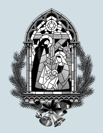 Stained glass window of the scene of the birth of Jesus Christ in a classic Gothic frame framed by spruce branches with bells in vintage engraving drawing  style