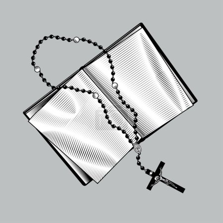 Téléchargez les illustrations : Ancien livre ouvert avec des perles de prière et croix en style de dessin de gravure vintage - en licence libre de droit