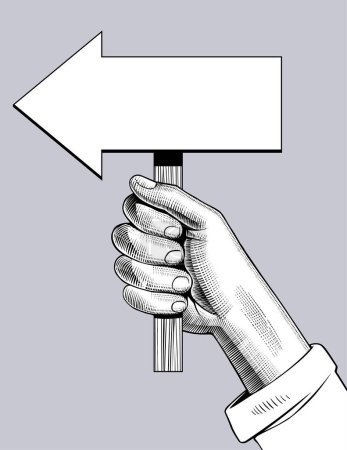 Téléchargez les illustrations : Main tenant un modèle de signe de flèche blanche dans le style de dessin de gravure vintage - en licence libre de droit