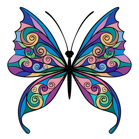 Ilustración de Mariposa decorativa con alas de colores en estilo lineal plano aislado en blanco - Imagen libre de derechos