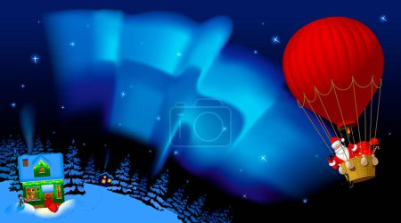 Illustration for Christmas and New Year greeting card and poster or billboard design with Santa Claus flying on a red hot air balloon and night landskape - Royalty Free Image