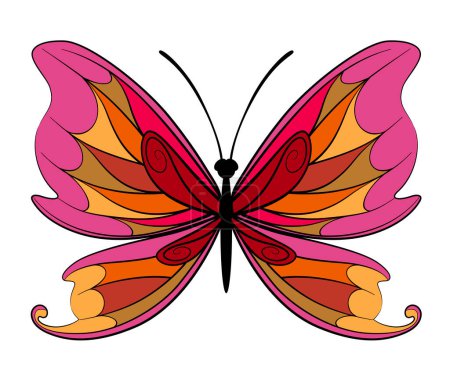 Ilustración de Mariposa decorativa con alas de colores en estilo lineal plano aislado en blanco - Imagen libre de derechos