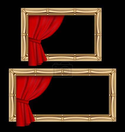 Téléchargez les illustrations : Deux cadres horizontaux classiques en or avec un rideau rouge isolé sur fond noir - en licence libre de droit