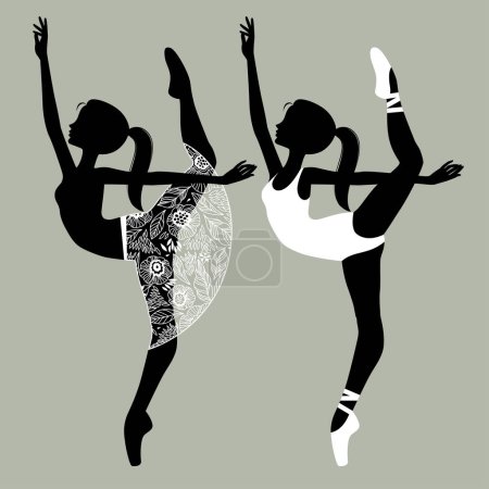 Illustration for Two black silhouettes of beautiful dancing girls in white ballerina dresses. Vector illustration - Royalty Free Image