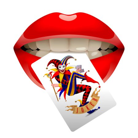 Women's sexy glossy red lips with a Joker playing card in their teeth isolated on white. Vector illustration