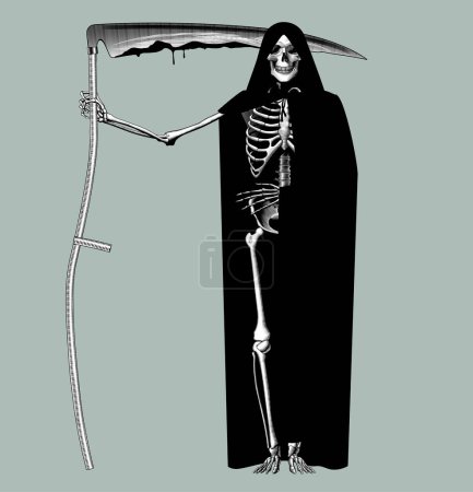 Téléchargez les illustrations : Scytheman squelette en imperméable noir avec une faux. Gravure vintage dessin stylisé. Illustration vectorielle - en licence libre de droit