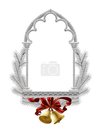 Ilustración de Marco gótico clásico blanco enmarcado por ramas de abeto con campanas de oro y cinta roja aislada en blanco. Ilustración vectorial - Imagen libre de derechos