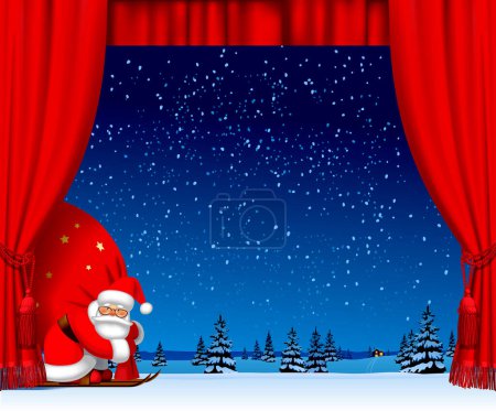 Illustration for Red curtain and going out Santa Claus by ski carrying a big red sack against the night winter with a forest in snow. Christmas and New Year greeting card - Royalty Free Image