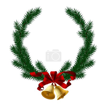 Téléchargez les illustrations : Couronne de branches d'épinette verte avec cloches dorées et ruban rouge isolé sur blanc. Modèle de carte de voeux et de décoration de Noël et Nouvel An. Vecteur - en licence libre de droit
